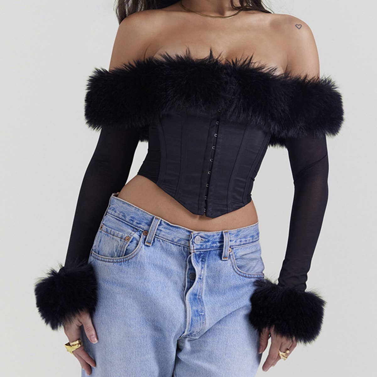 BLACK Sexy Fur One-Shoulder Mesh Asymmetrical Top for wholesale on Faire