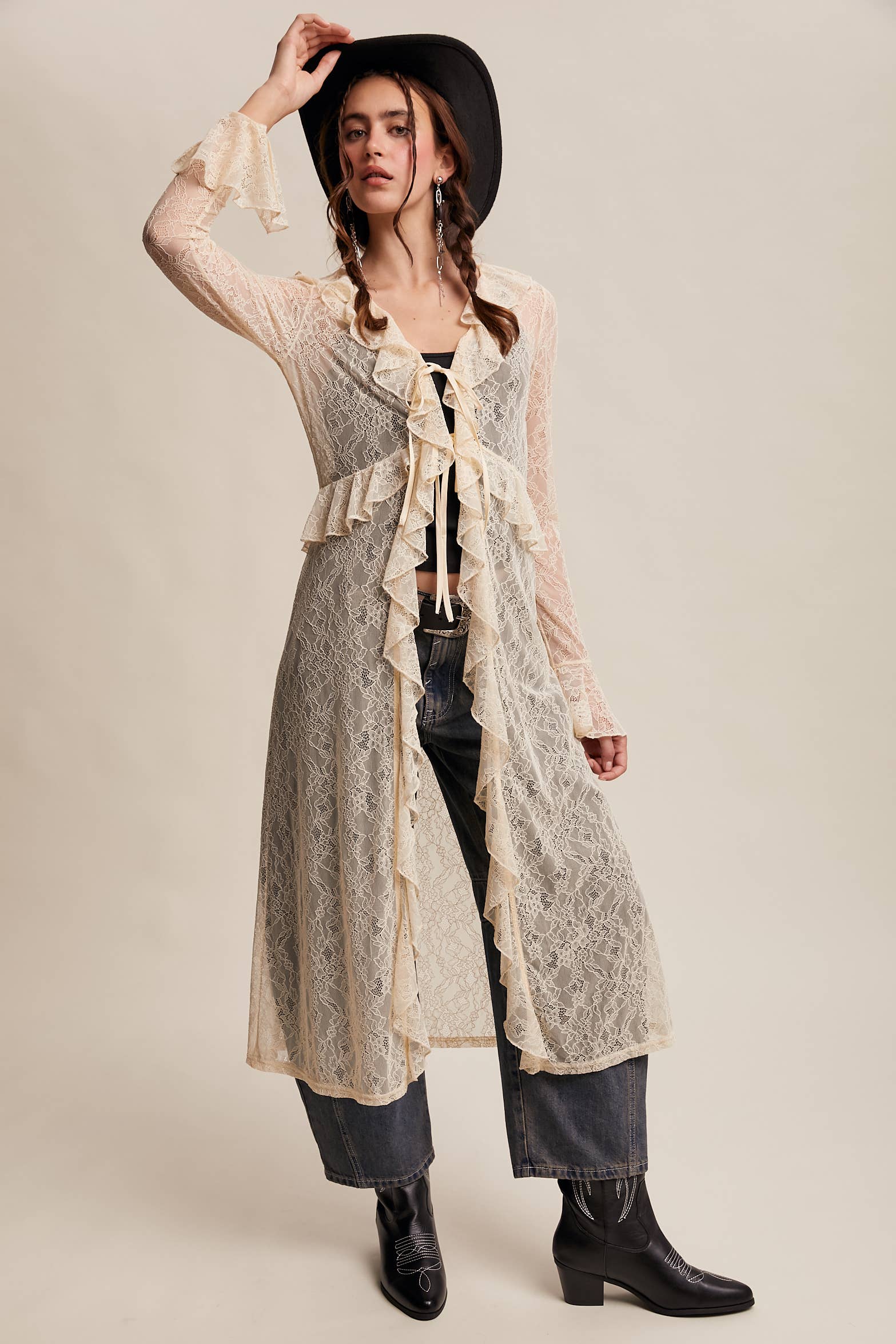 Listicle - Wholesale Kimono - Women's - Sheer Lace Ruffle Duster LJ02591
