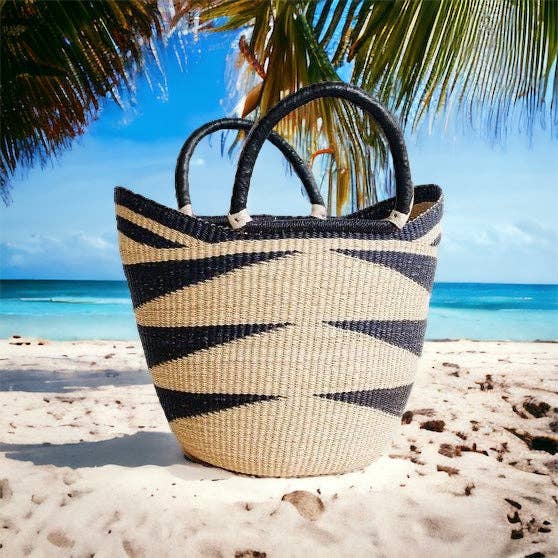 The African Home Goods - Wholesale Beach Bag - Large U-Shopper - Beach Tote Bag Ghana Basket Black & Tan2