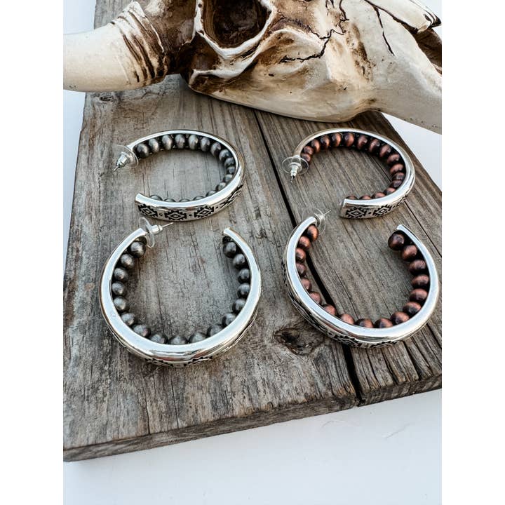Boho Ranch Shop - Wholesale Hoop Earrings - Western Navajo Style Pearl with Aztec Pattern Hoop Earrings