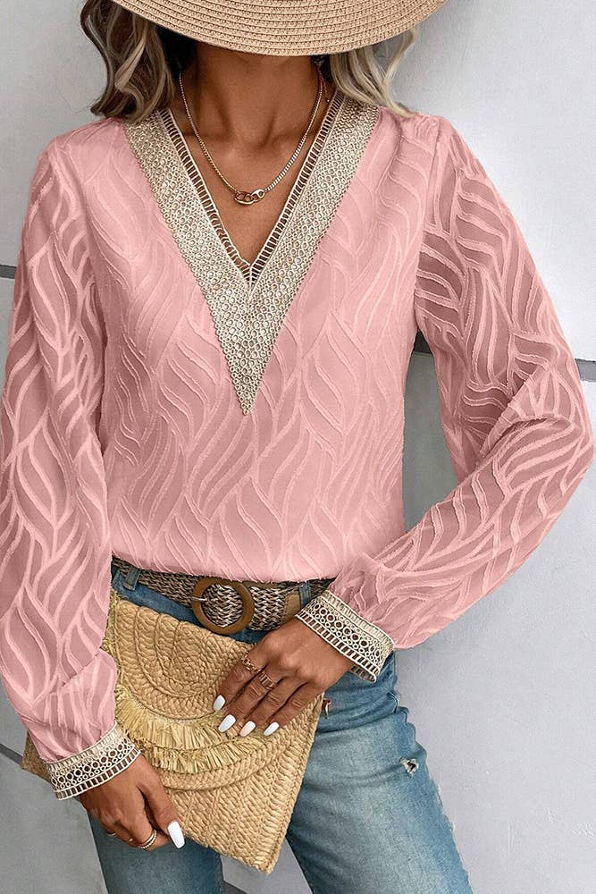 UNISHE - Vente Chemisier – femme - Top en mousseline à manches longues et col en V en dentelle GSS11510