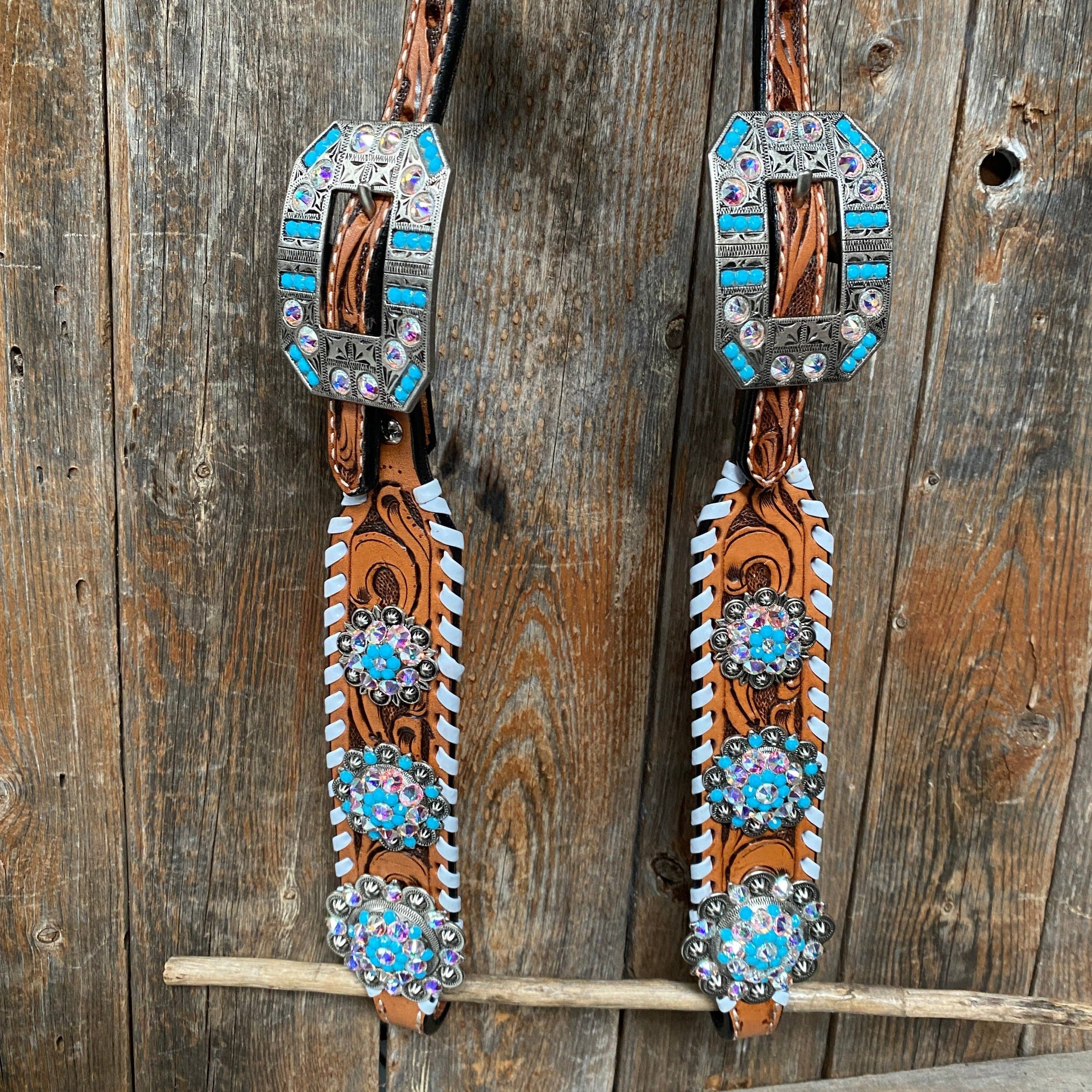 Rodeo Drive - Wholesale Horseback Riding Gear - Whipstitch Turquoise & AB Browband/One Ear Tack Set with Wither Strap  #BBBC4639