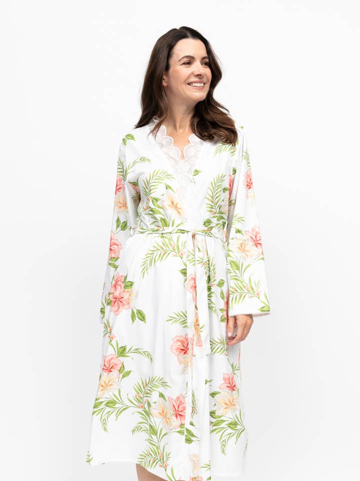 Aimee Floral Print Long Sleeve Midi Dressing Gown for wholesale by Cyberjammies
