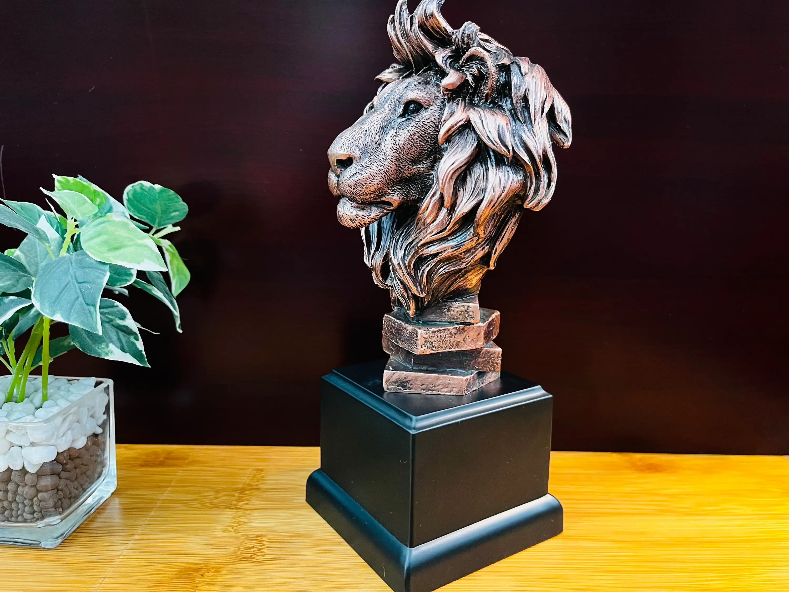 KSR Designs - Wholesale Sculpture - Bronze Finish Lion Head Sculpture on Base, 9"H x 3.50"W4