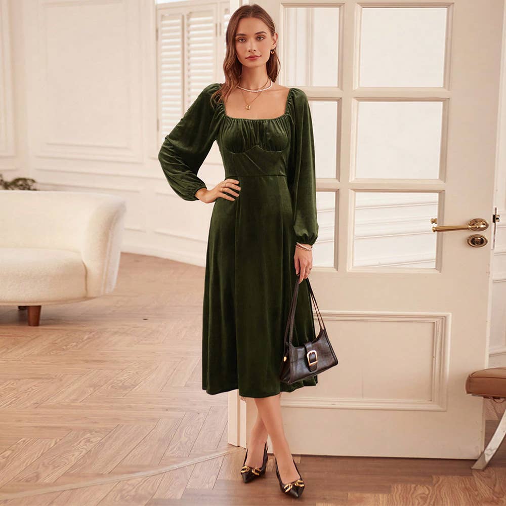 ARMYGREEN FRENCH RETRO SLIM SQUARE NECK A-LINE VELVET DRESS for wholesale on Faire3