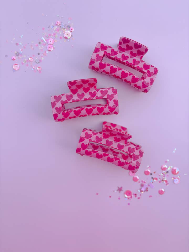 Pink Heart Rectangle Medium Claw Clip for wholesale by Evie Pearl Handmade LLC