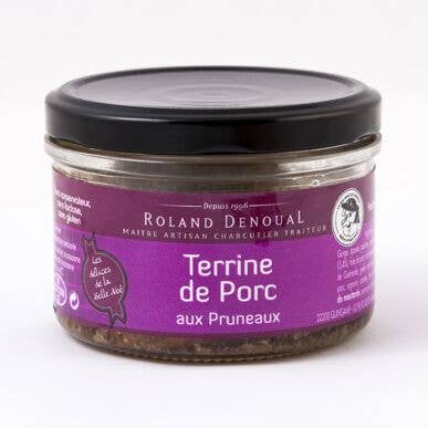 Terrina di maiale con prugne 100 g per la vendita all'ingrosso da parte di Charcuterie Roland Denoual