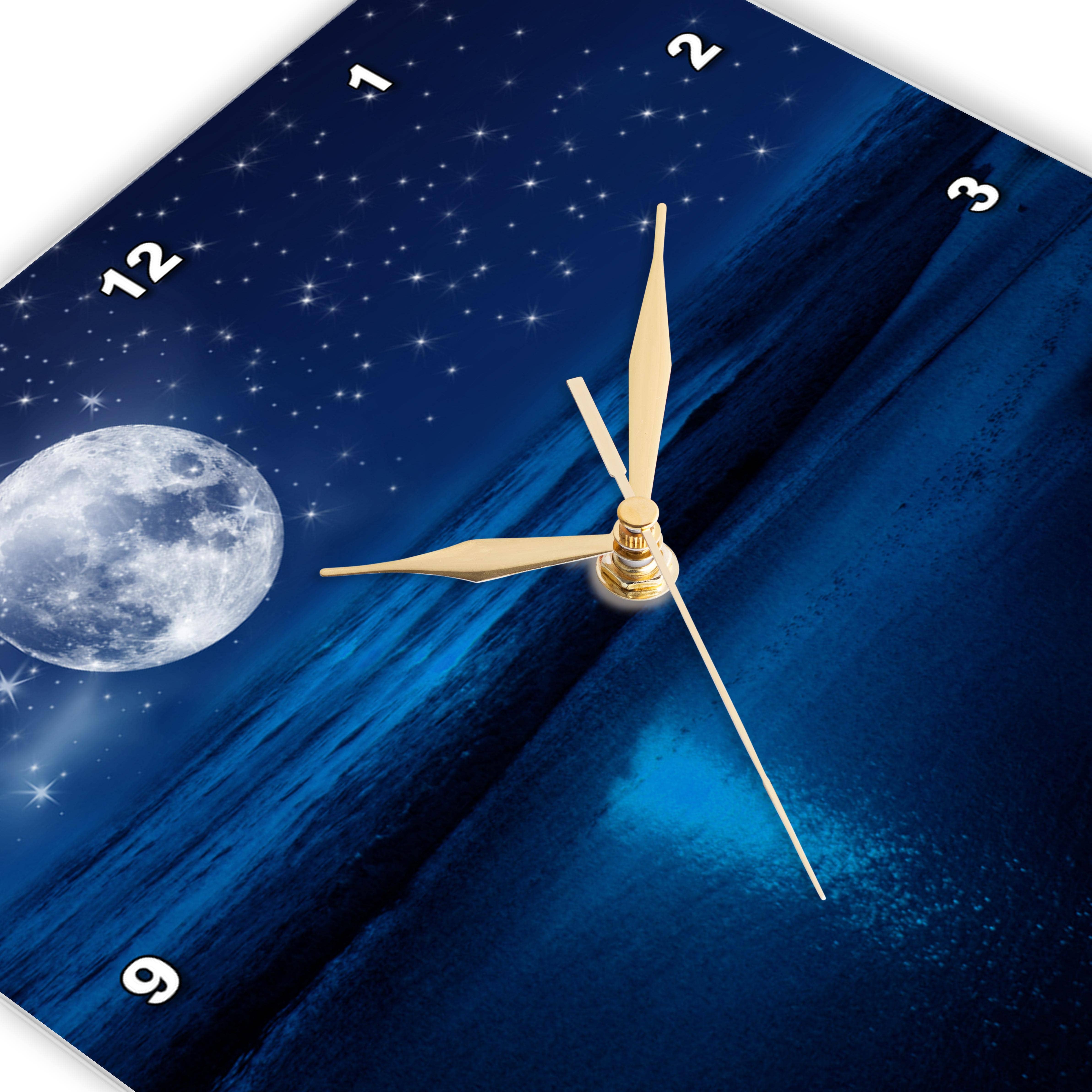 3dRose - Wholesale Wall Clock - 3dRose, Full moon shining in a starry sky on the beach where the ocean meets land., Wall Clock1
