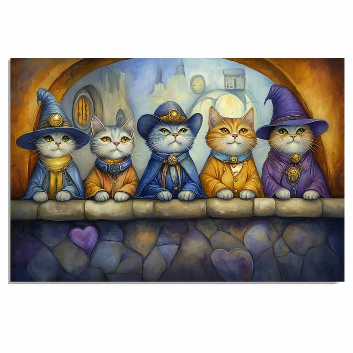 Wizard Cats in Castle Scene Fantasy Cat Flat Rolled Canvas for wholesale by Art Paradise Studios