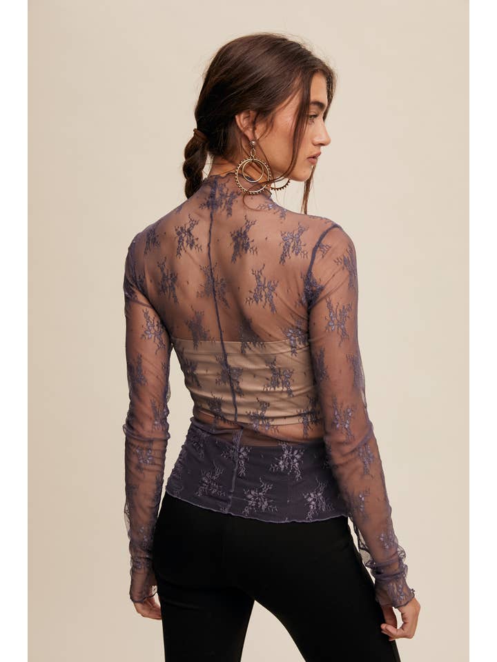 Listicle - Wholesale Blouse - Women's - Sheer Lace Long-Sleeve Top77