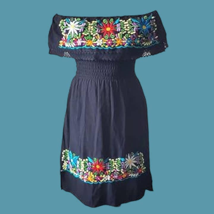 Vestido CAMPESINA em preto Vestido mexicano na altura do joelho bordado estilo vestido sem ombro | Vestidos Vestidos Day of the Dead Dress por atacado de Puerta21