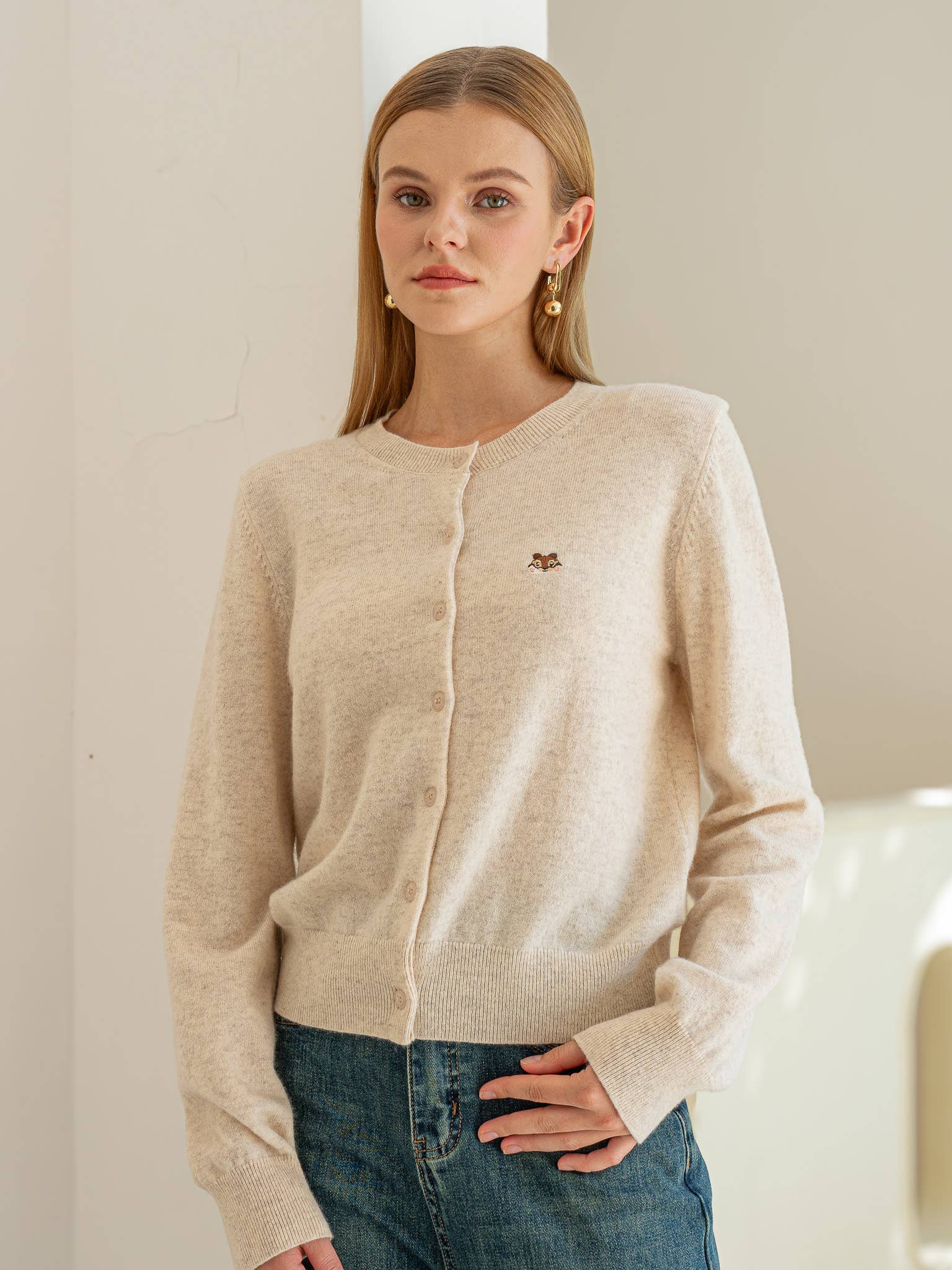 ROSIE POSIE - Vente Cardigan – femme - RP2175 - Cardigan Beige 100% Laine avec Motif Écureuil7