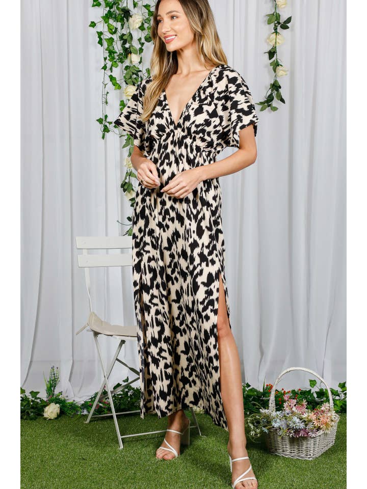 Black V-Neck Dolman Sleeve Leopard Printed Maxi Dress VD82363B for wholesale on Faire18