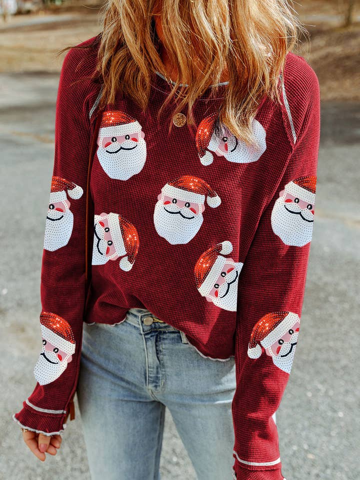 LDC  Sequin Santa Claus Graphic Textured Long Sleeve Top for wholesale by Little Daisy Closet