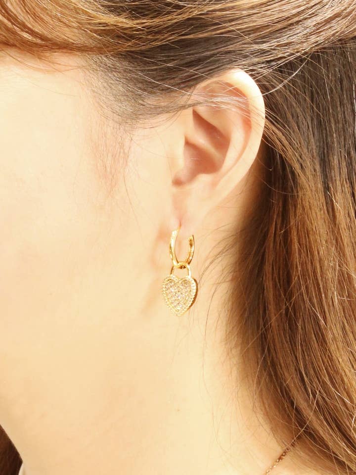 SJE310936 14K Crystal Heart Drop Huggie Earrings for wholesale by MiMi Wholesale