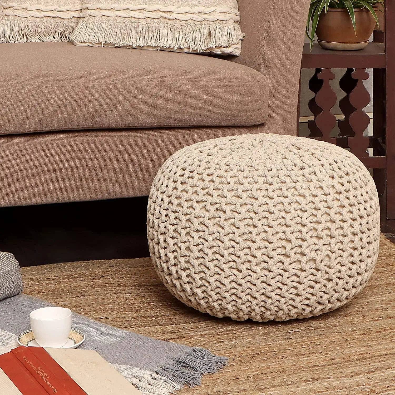 REDEARTH Round Pouf (19.5" x 19.5" x 14") - Ivory for wholesale on Faire2