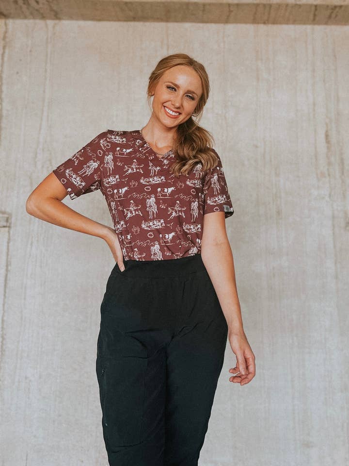 Wine Old West Scrub Top for wholesale by Spurrin' Scrubs