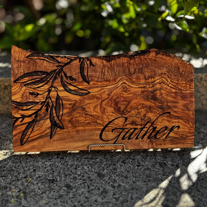 Rustic Olive Wood Cheese & Charcuterie Board – Olive Leaves for wholesale by Blu Crescent Engraving