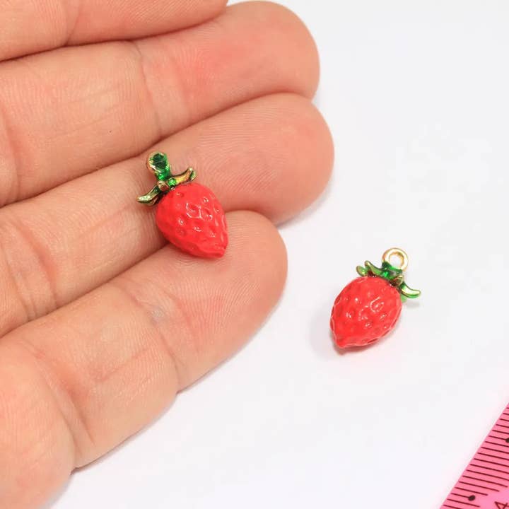 8x16mm Red Enamel Cute Strawberry Charms, ZRCN219-3 for wholesale by QueenJewelryM