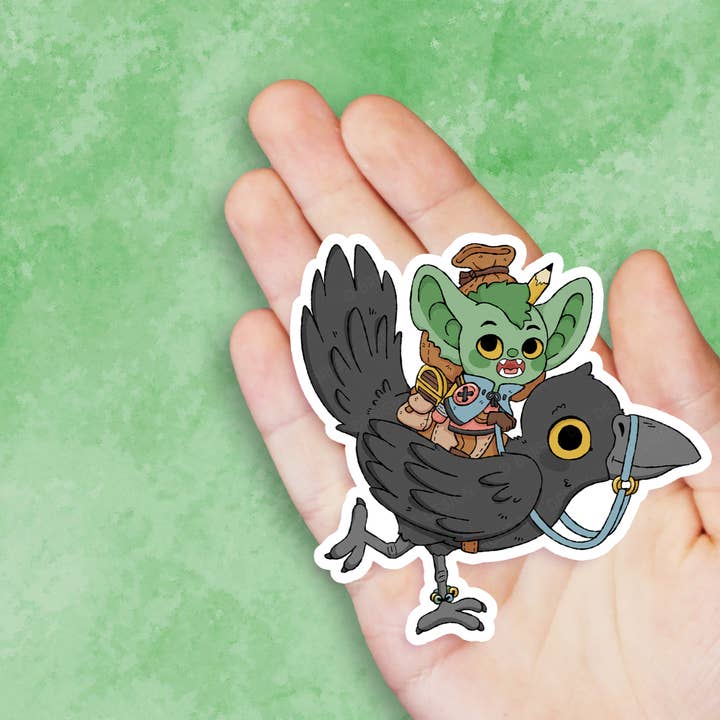 Trinket Goblin and Crow Vinyl Sticker for wholesale by Bright Bat Design