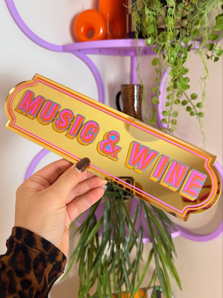 Music & Wine Rectangle Sign - Gold for wholesale by Printed Weird