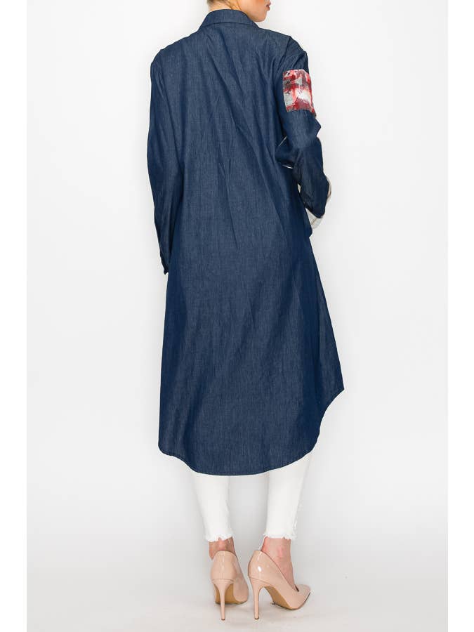 Origami Apparel ~ Lace and Crochet inspired – Engroshandel Denimjakke - Dame – LET VÆGT DENIM DUSTER JAKKE MED LOMMER OG PATCH-46873