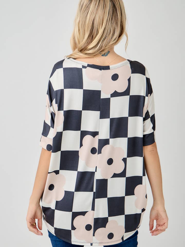 Celeste Clothing - Wholesale Tunic - Women's - WOMEN'S PLUS SIZE CHECKERED FLORAL TOP WITH HIGH-LOW HEM
8