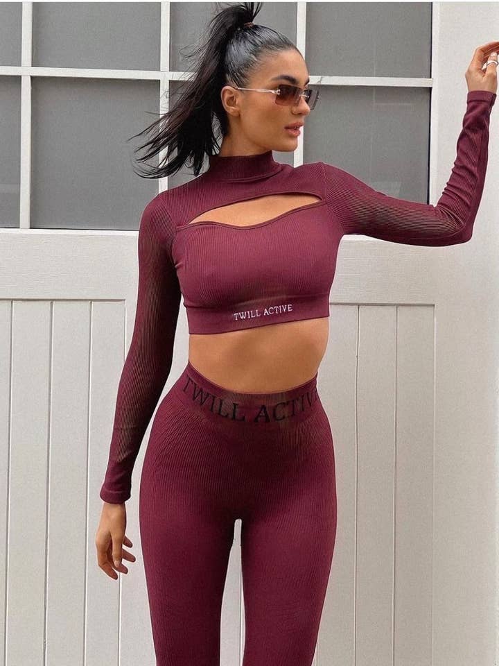 Viyella Recycled Rib High Neck Long Sleeve Crop Top – Burgundy for wholesale by Twill Active LLC
