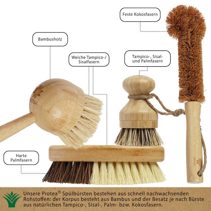 PROTEA - Wholesale Cleaning Brush - PROTEA set of 4 dishwashing brushes made of bamboo and natural fibers, after