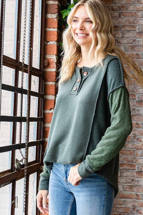 7th Ray - Vente Haut en maille – femme - Haut à manches longues en mélange de coton avec contraste en dentelle et boutons devant T525350