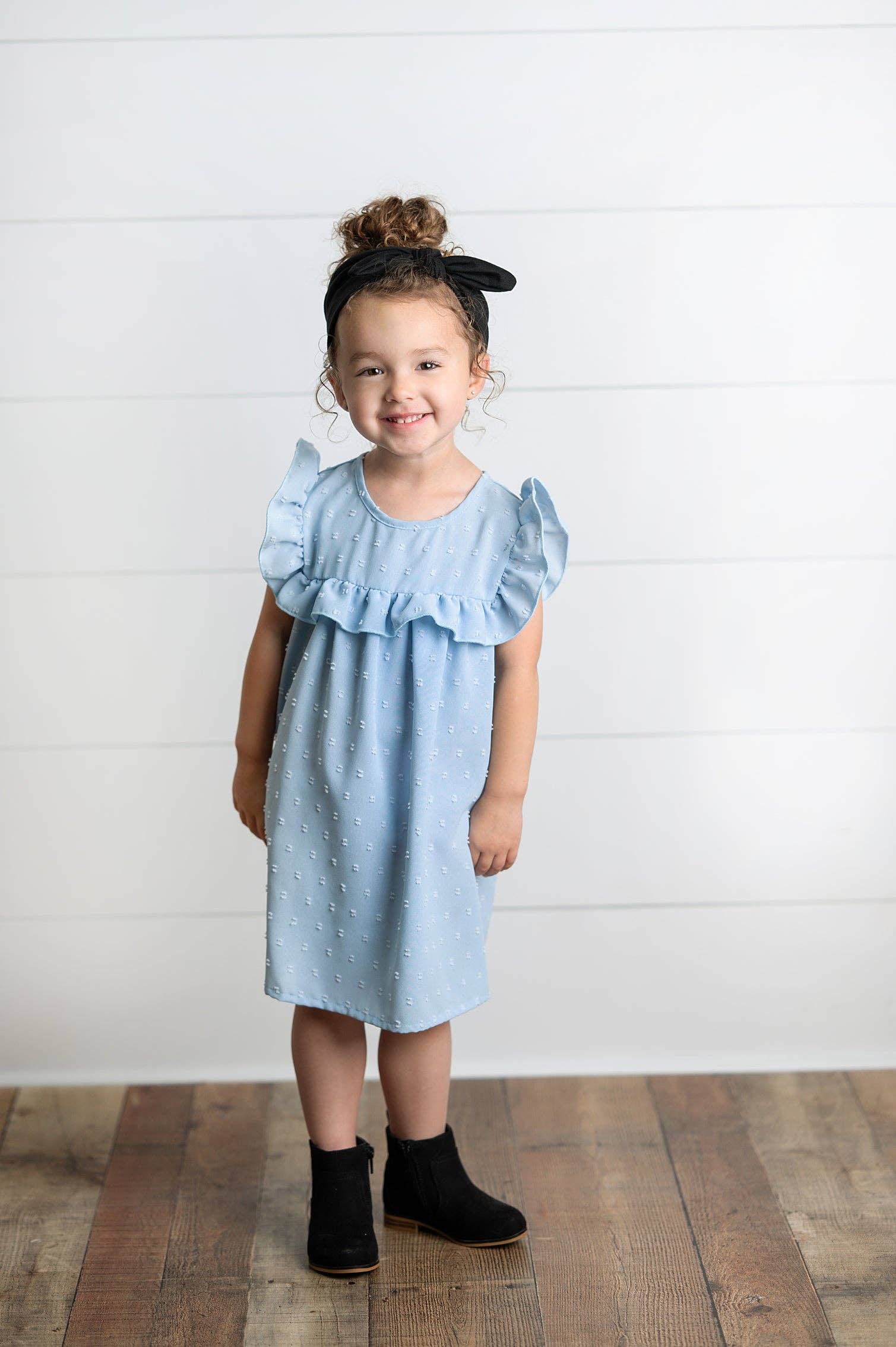 Wren & James - Wholesale Dress - Kids - Girls Dusty Blue Ruffle Bib Swiss Dot Spring Summer Dress6