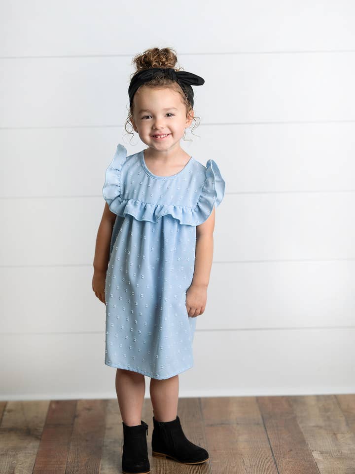 Wren & James - Wholesale Dress - Kids - Girls Dusty Blue Ruffle Bib Swiss Dot Spring Summer Dress6