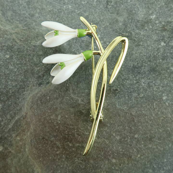 Snowdrop White Flower Brooch, Gold Plated for wholesale by Alexander Thurlow & Co Ltd