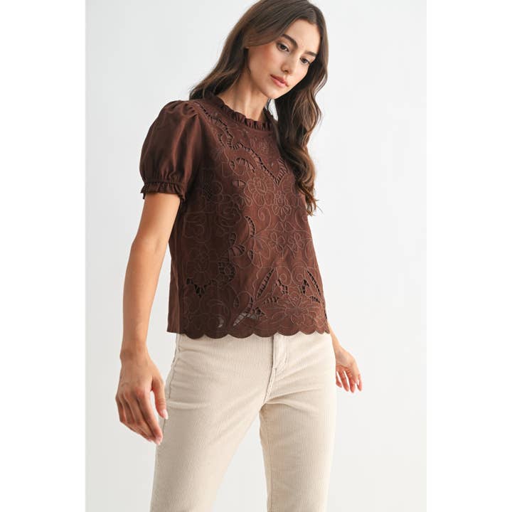 MOCHA BROWN EMBROIDERED EYELET BLOUSE WITH PUFF SLEEVES for wholesale on Faire2