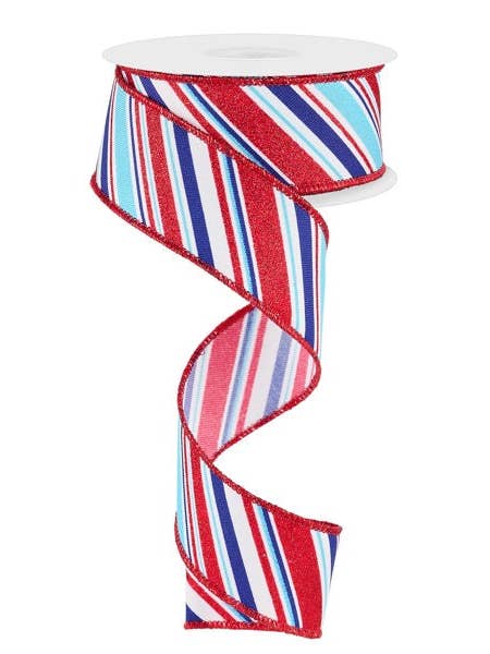 1.5"X10YD DIAGONAL STRIPE - WHITE, LIGHT BLUE, ROYAL BLUE AND RED - RGE1824KY for wholesale by General Wholesale Inc