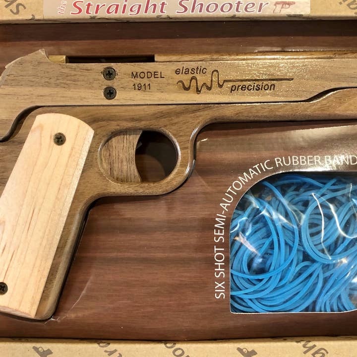 Elastic Precision – Großhandel Holzspielzeug – Kinder – 1911 Gummibandpistole aus Walnuss mit Griffen aus Ahornholz1