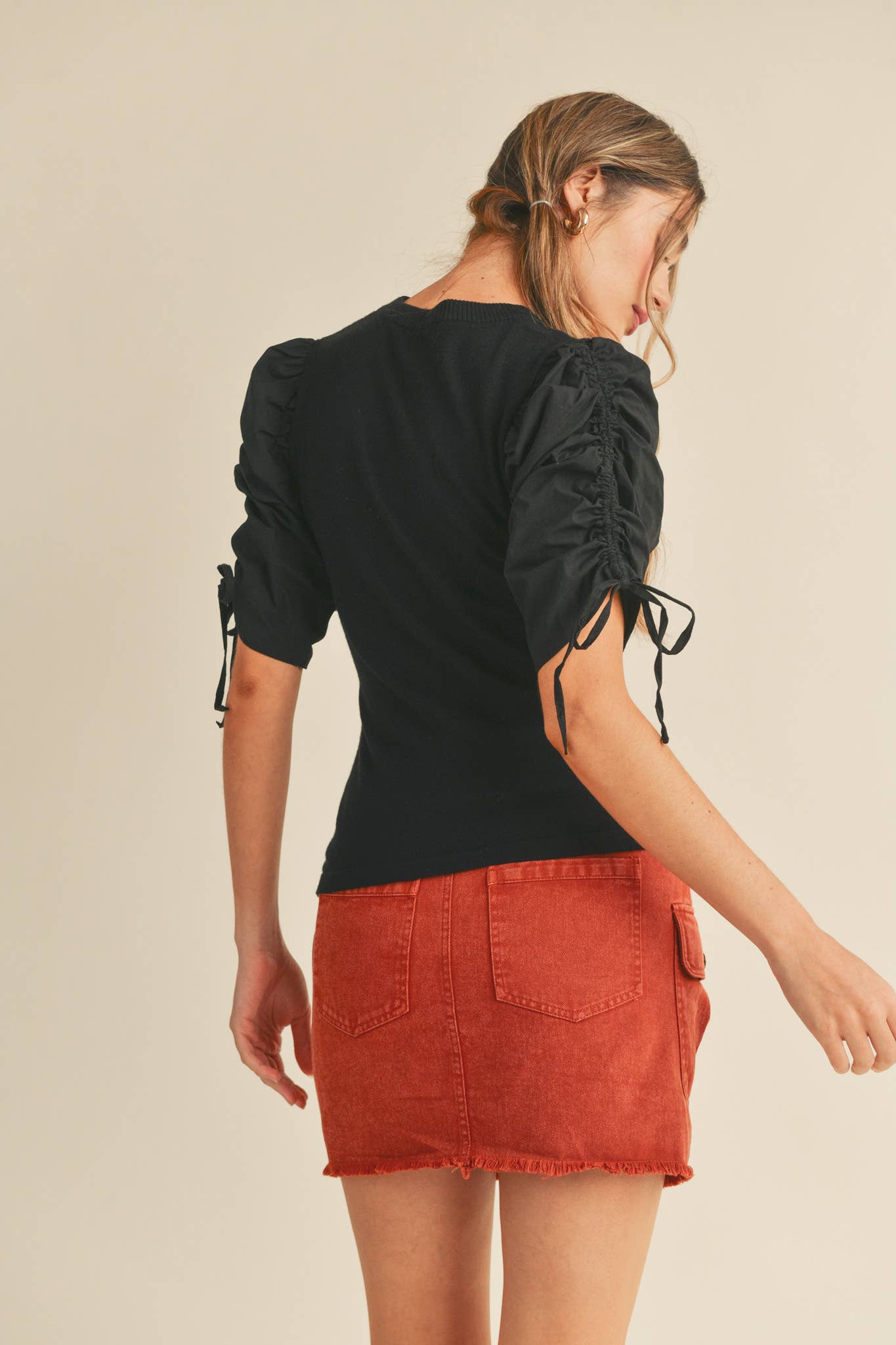 &MERCI - Wholesale Knit Top - Women's - RUCHED SLEEVE MIXED MEDIA TOP MSW246422