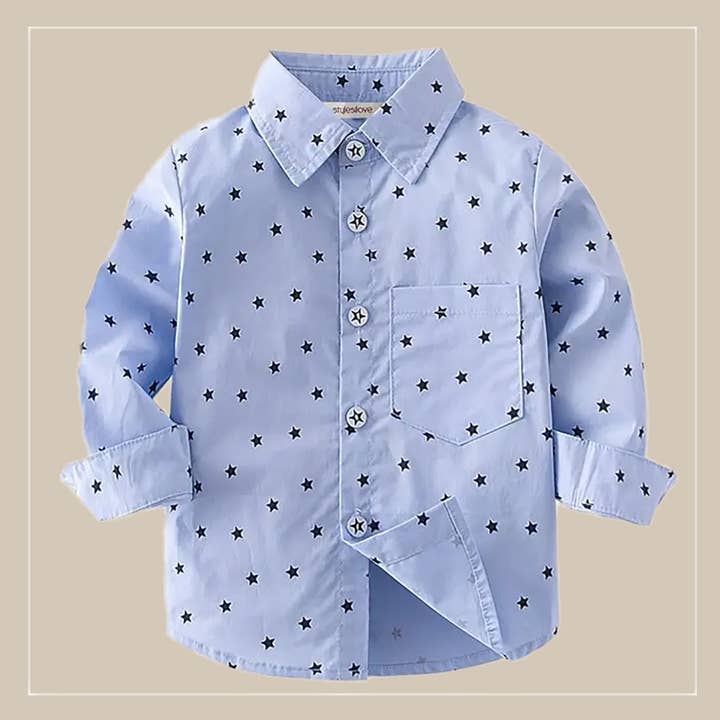 Fennco Styles - Wholesale Button Down Shirt - Kids - Blue Star Long Sleeve Boy Cotton Button-Down Dress Shirt