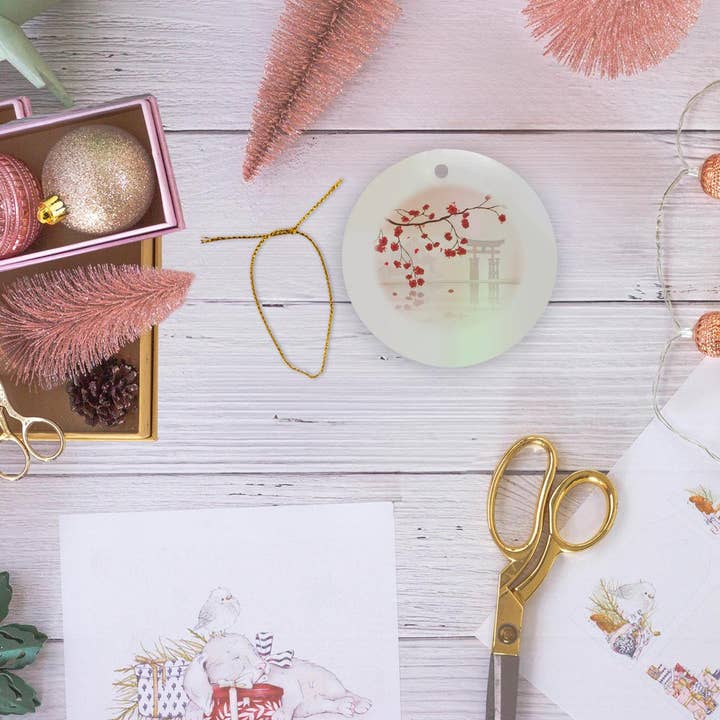 3dRose - Wholesale Ornament - 3dRose, Beautiful Japanese Sakura Red Cherry Blossoms Branching Reflecting Over Water, Ornament5