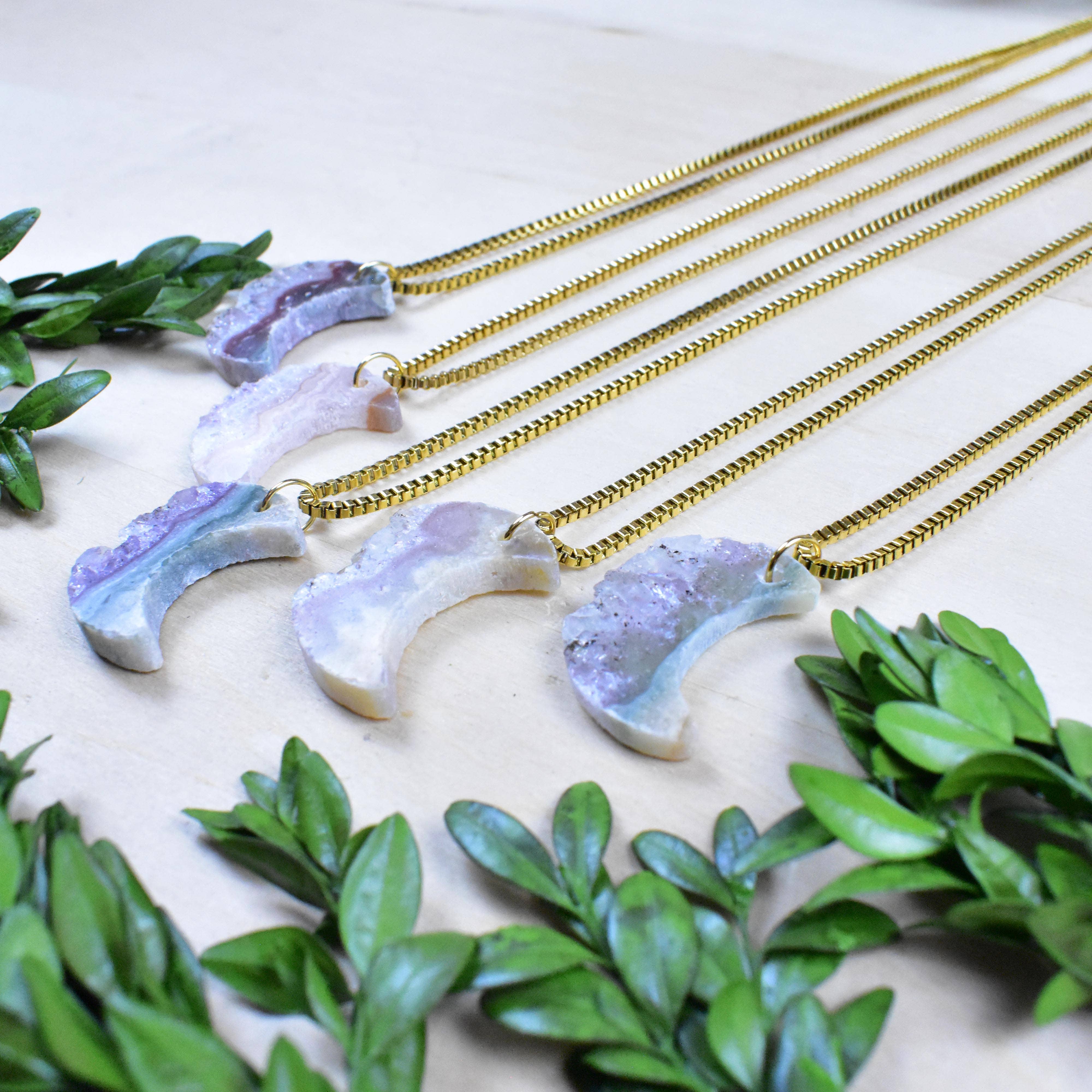 Ewelina Pas Jewelry - Wholesale Pendant/Charm Necklace - Gold Raw Crescent Moon Amethyst Slice Necklace4