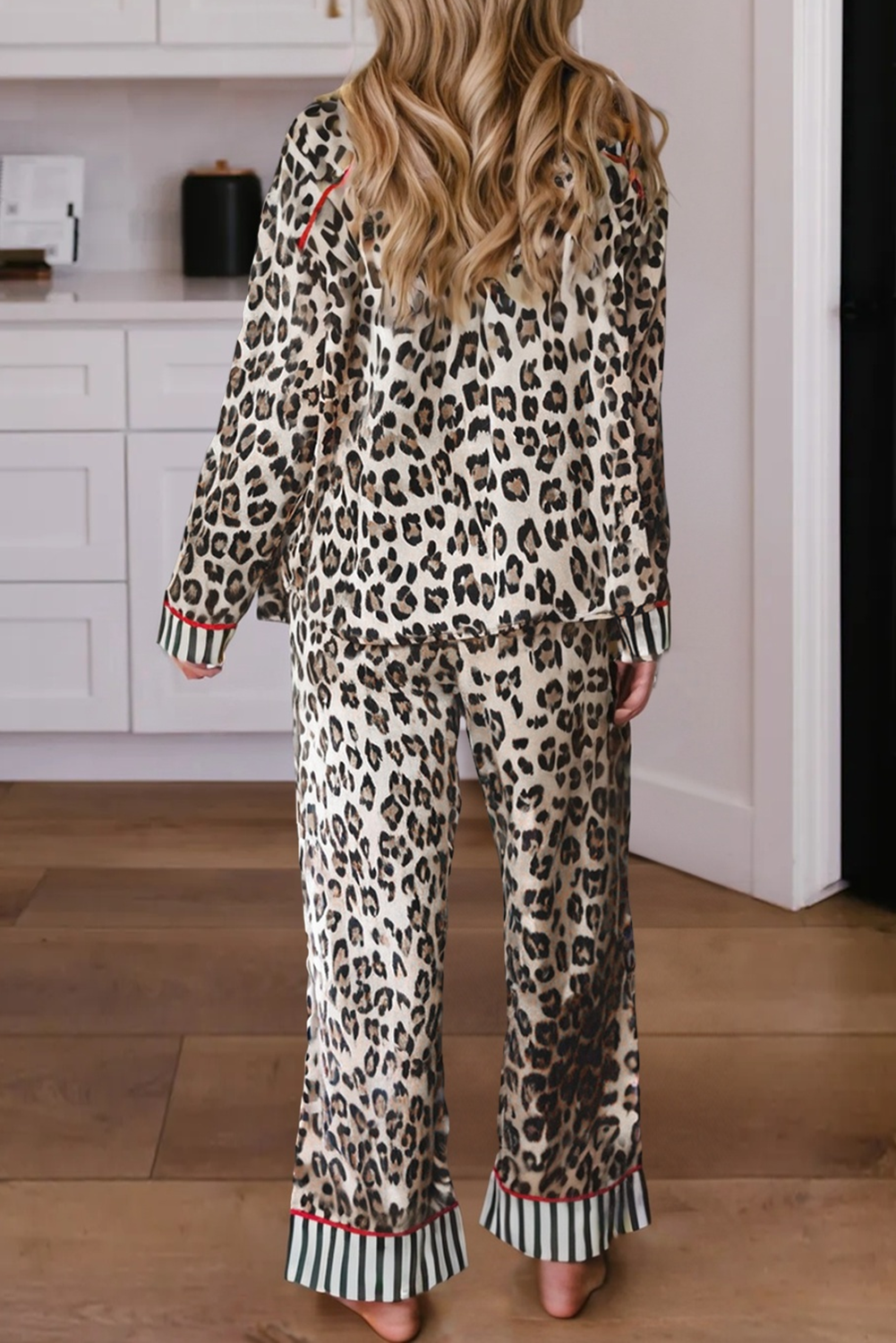 Khaki  LDC Leopard Colorblock Edge Shirt and Pants Pajama Set for wholesale on Faire1