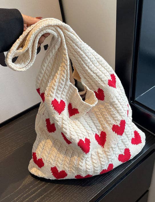 Sweetkama - Wholesale Tote Bag - Women's - Ladies Knit Heart Shpaed One Shoulder Tote Bag SKAB41096