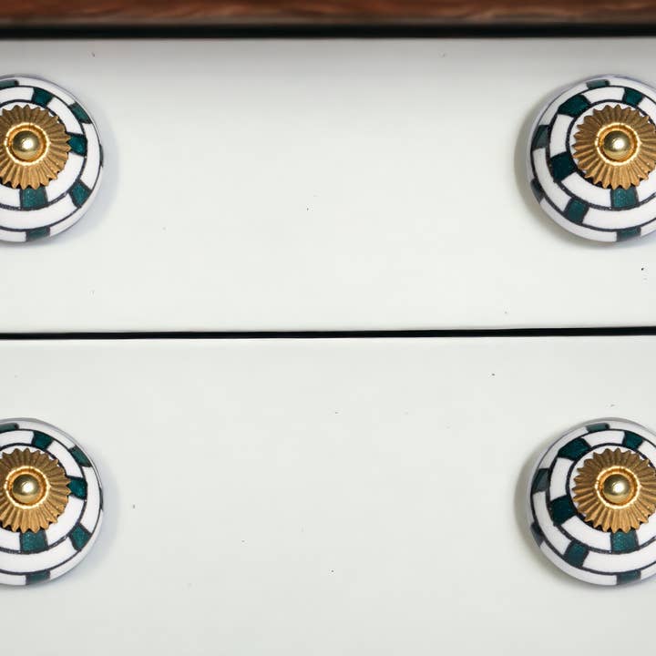 HomeRoots - Wholesale Knob/Pull - Set of Twelve White Teal And Gold Ceramic Drawer Pull Knobs
