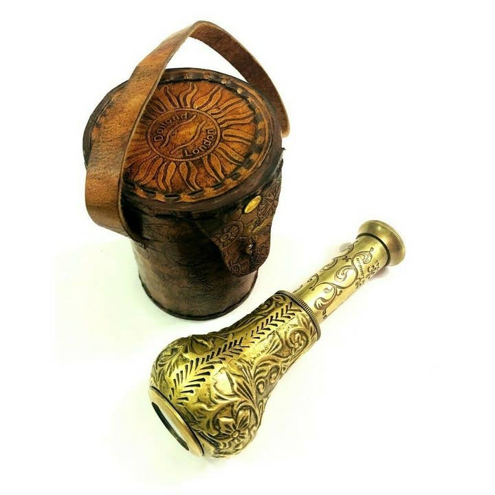 Nautische antieke koperen leren telescooptas met gravure voor wholesale door Arts King