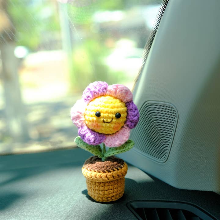 Anh2 LTD - Wholesale Car Decorative Charm - Unisex - Crochet Mini Smiley Sunflower Doll Potted Plant Car Ornament4