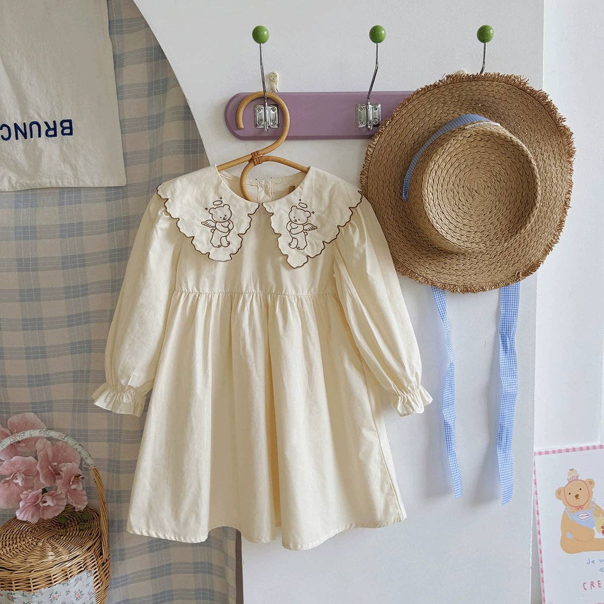 Beige Arrival Autumn Girls Teddy Bear Embroidered Pattern Long Sleeves Dress with Collar for wholesale on Faire0