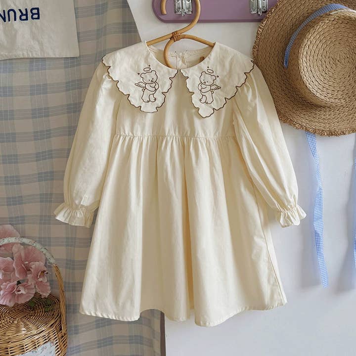 Beige Arrival Autumn Girls Teddy Bear Embroidered Pattern Long Sleeves Dress with Collar for wholesale on Faire0