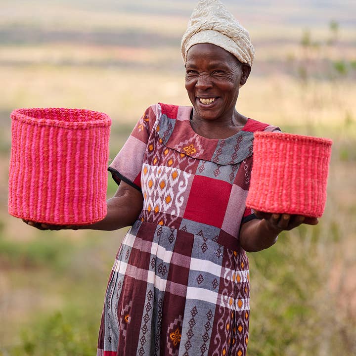 KIWANDA: Red & Pink Pinstripe Woven Summer Storage Basket | Colourful Planter | Toy Basket | Desk Tidy for wholesale on Faire4