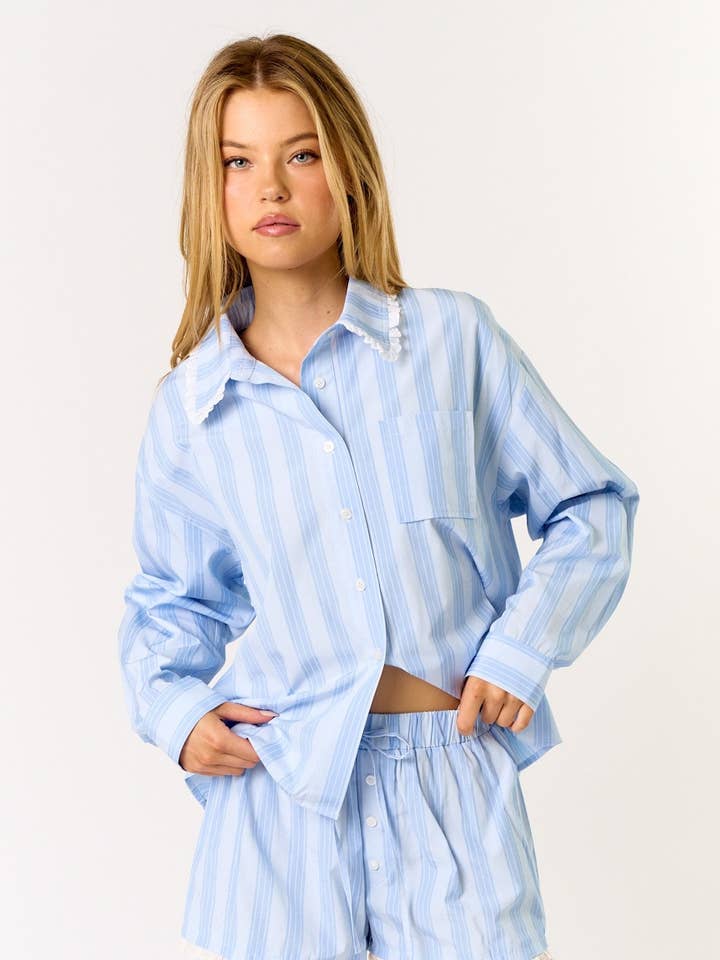 IBS32380 Striped Pajama Top & Shorts Set for wholesale by Blue Blush