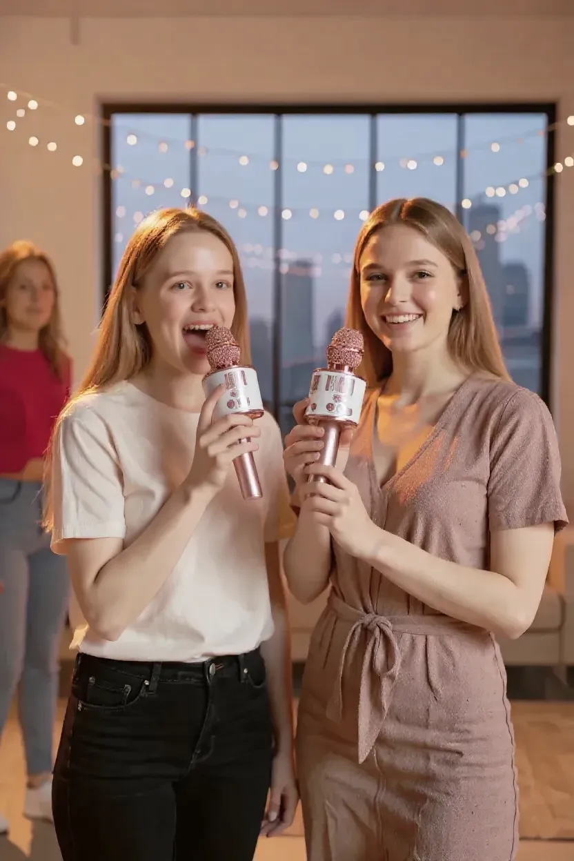 Funky Rico Inc - Wholesale Speakers - Karaoke LED Wireless Microphone with Power Bank - Rose Gold3